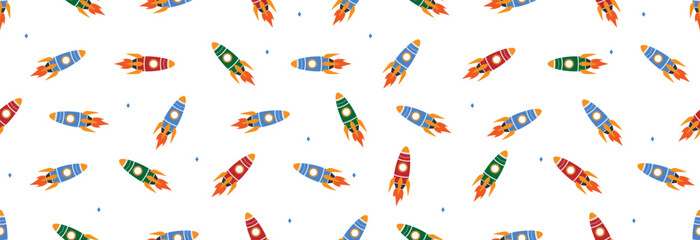 Many rockets in outer space, seamless pattern.