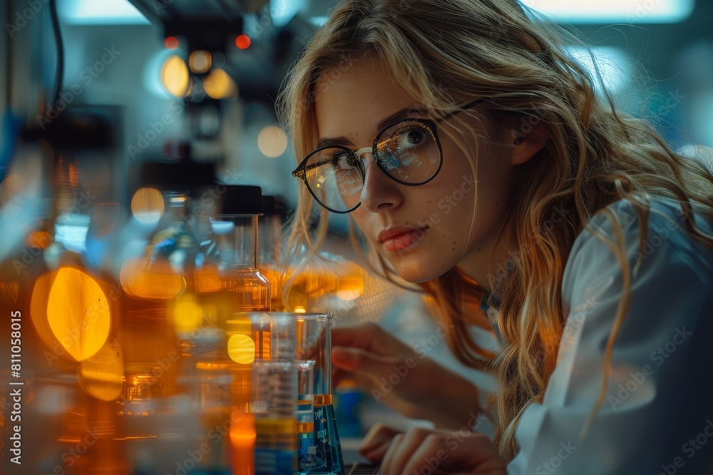 Poster an in-depth view of a scientist meticulously studying samples under a microscope in a high-tech lab