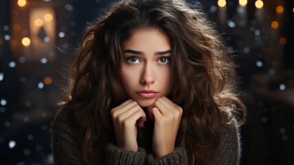 Melancholic Winter Beauty, Young Woman With Tousled Curls, Reflective And Serene, Ai Generated