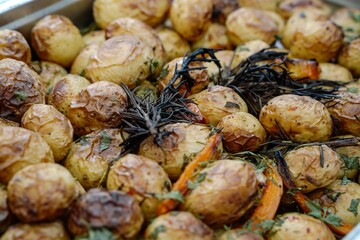 A large pan with grilled potatoes sprinkled with nicely baked herbs