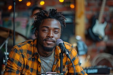 Fototapeta premium A male musician with tattoos and dreadlocks poses with a microphone and acoustic guitar