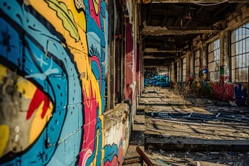  Colorful graffiti in a derelict building with natural light