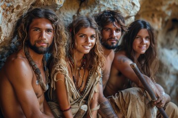 Fototapeta premium Two women and two men dressed as prehistoric humans smiling in a cave-like environment