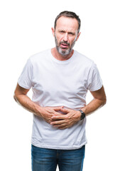 Fototapeta premium Middle age hoary senior man wearing white t-shirt over isolated background with hand on stomach because indigestion, painful illness feeling unwell. Ache concept.