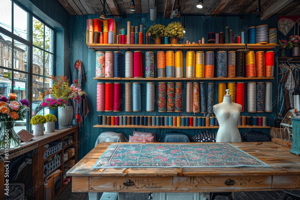 Poster an array of vibrant sewing thread spools neatly arranged on shelves in a crafting or sewing room wit
