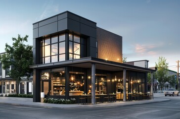 Modern coffee shop exterior design rendering, black and gray color scheme with glass windows on the front of twostory building facade