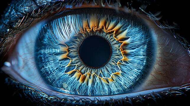 Intricate Golden Patterns on Blue Iris in Macro View, Generative AI