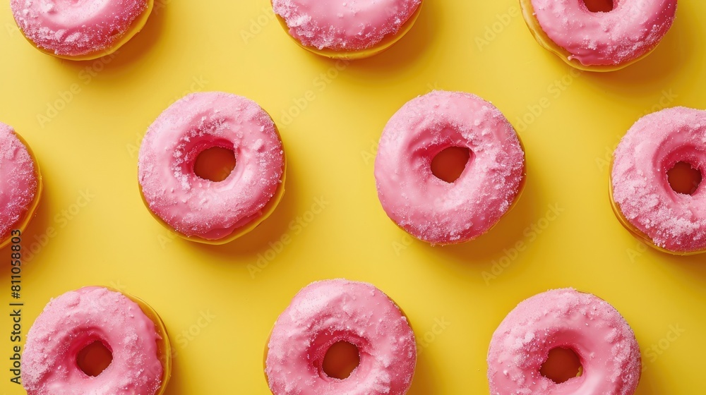 Poster national donut day is being celebrated with a tempting display of pink donuts set against a yellow b