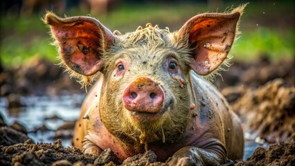 "Muddy Mischief": A pig covered in mud, capturing the essence of its playful and messy nature.