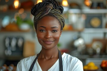 A portrait of an African woman with headscarf smiling confidently, standing in a professional kitchen setting