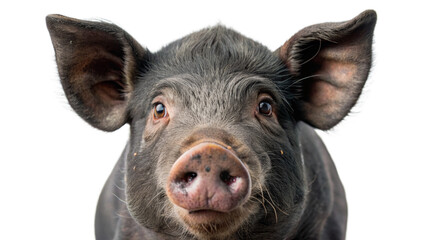 "Black Piggy Portrait": A close-up portrait of a pig against a clean white background, highlighting its facial features and expression.
