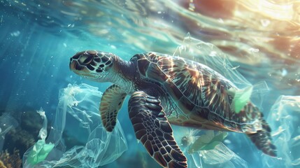 Obraz premium While humans can easily distinguish between a jellyfish and a plastic bag drifting in the ocean depths turtles struggle to make out the contrast This highlights the concerning impact of poll