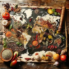 A world map made of spices with vegetables, herbs and a spice grinder on a wooden table