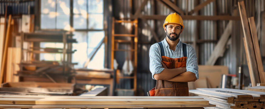 Сlose-up of a wooden table in the workshop against the backdrop of blurred stands a carpenter.