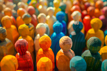 Crowd of color wood  people figures. Diversity and inclusion concept.