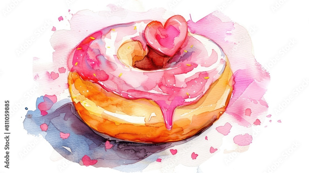 Sticker Watercolor and gouache illustrations of a delectable donut with icing perfect for Valentine s Day are incorporated into bakery products This vibrant color illustration is versatile ideal for