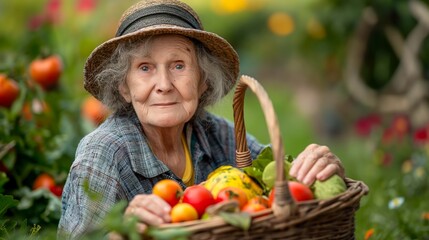 Elderly woman in a hat with a basket of vegetables, smiling and looking at the camera with a garden background