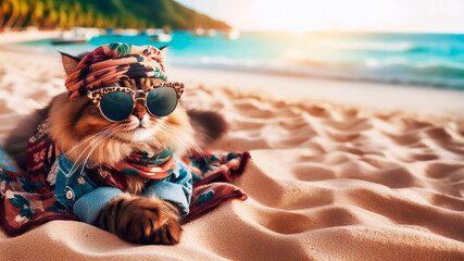 Fashionable stylish cat in sunglasses resting on the sandy beach in a fashionable outfit