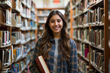 With books in hand, a smiling college girl student stands amidst the scholarly ambiance of the school library, her gaze fixed on the camera with confidence and enthusiasm, symboliz