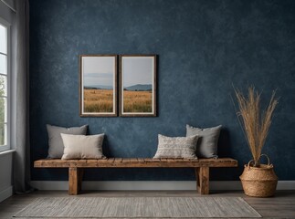 Wooden rustic bench near blue grey wall. Farmhouse, country, boho interior design of modern home entryway