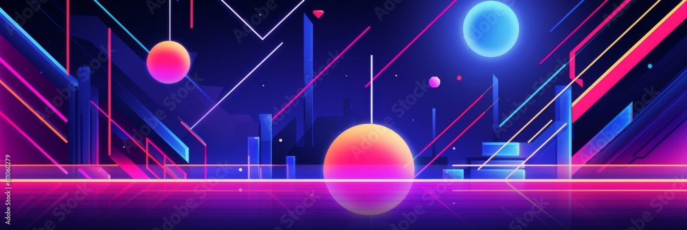 Poster neon cityscape with floating spheres and light lines. futuristic abstract neon background. generativ