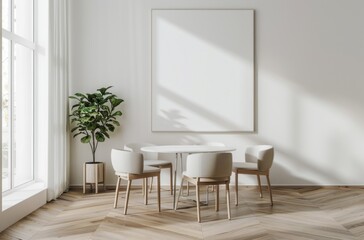 Modern dining room with white walls and a wooden floor, front view. The interior of the living space features minimalist furniture and large windows