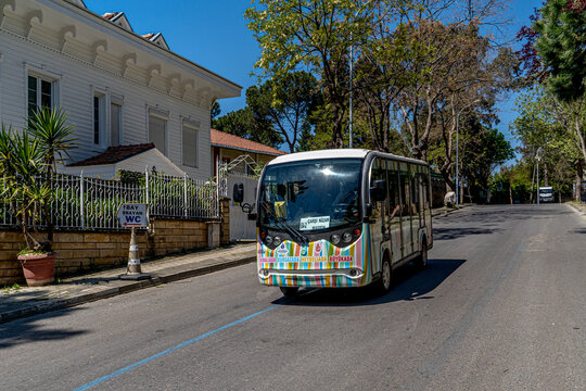 Istanbul, Turkey April 14 2024: Electric public transport vehicle used in the islands in Buyukada,After the ban on horse-drawn carriages, transportation on the island is provided by electric vehicles.