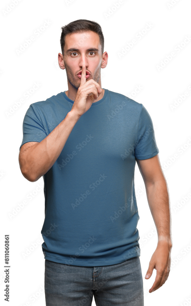 Sticker Handsome young casual man asking to be quiet with finger on lips. Silence and secret concept.