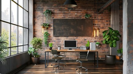 Stylish office interior with workplace, pc computer and window. Mock up wall 
