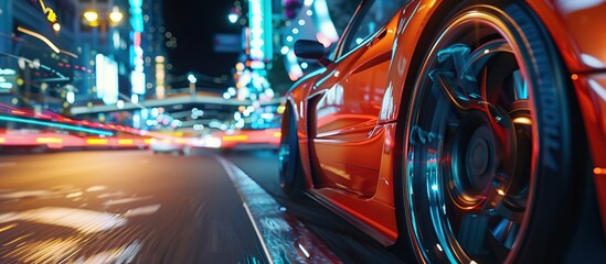 Close up view of sport car tires on road in city at night Motion blur, light trails.