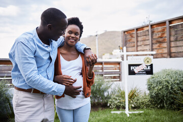 Outdoor, smile and black couple with new home, hug and achievement with mortgage loan approval,...