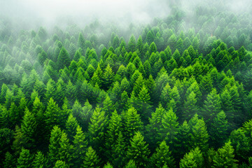 Misty Pine Forest from Above with Dark Green Hue
