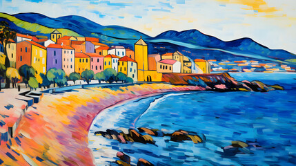 seaside city landscape oil painting abstract decorative painting
