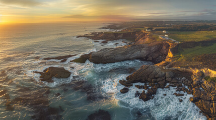 Fototapeta premium panoramic drone capture of coastal cliffs with the crashing waves of the ocean, sunset casting golden hues