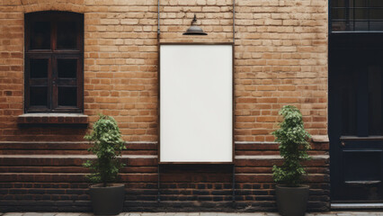 Vintage Brick Wall with White Blank Poster for Advertising. Old Brick Street with Blank Mockup Poster Frame. Generative AI
