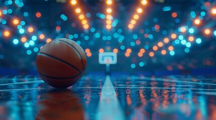 basketball ball on a floor of basketball arena with epic lights