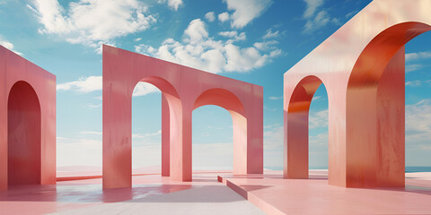 Dreamy pink row of arches Abstract minimal architectural concept in pastel colors with blue cloudy sky,