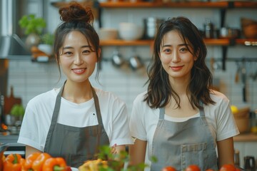 Two cheerful young women with engaging smiles standing in a contemporary kitchen surrounded by fresh vegetables and cooking utensils