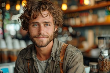Obraz premium Curly-haired smiling barista ready to serve in a cozy coffee house
