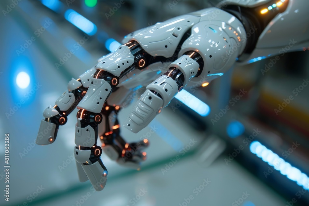 Poster high-precision robotic arm with detailed mechanical joints and modern design in a futuristic lab set