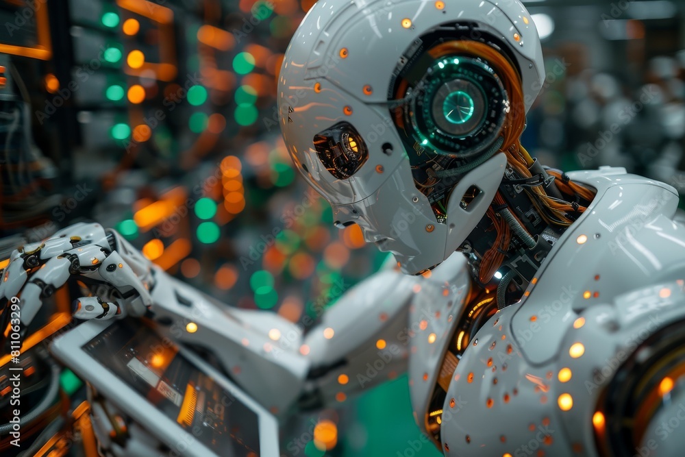 Aufkleber an advanced white humanoid robot closely analyzes data on a handheld tablet illuminated by lights
