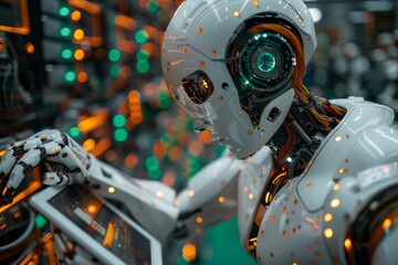 Fototapeta premium An advanced white humanoid robot closely analyzes data on a handheld tablet illuminated by lights