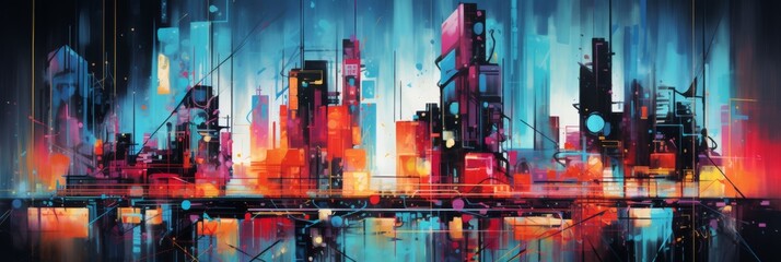 Urban Artwork Of Futuristic Cityscape With Dynamic Color Splashes. Abstract Modern City In Brush Strokes. Generative AI