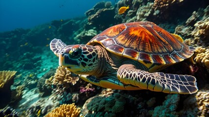 Obraz premium An endangered turtle swimming gracefully through a coral reef, its shell adorned with vibrant hues of red