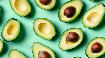 Avocado slices and whole, shot from above, making a fun pattern on a bright pastel color background, magazine cover photo