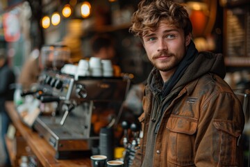 Obraz premium Young barista in casual attire with a light stubble poses in a warmly lit coffee shop, exuding approachability and charm
