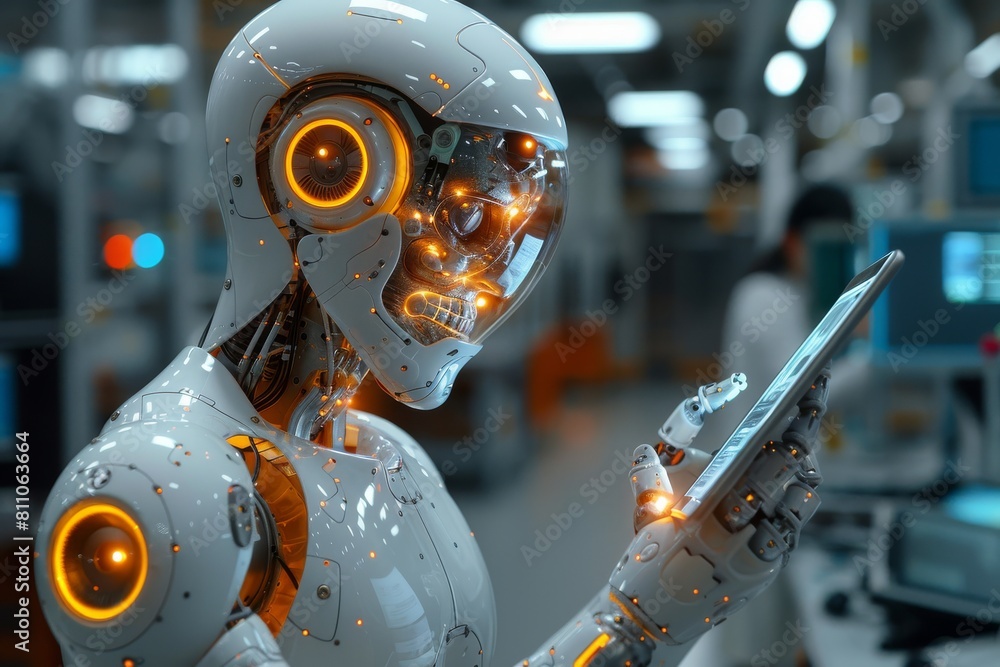 Poster advanced humanoid robot with glowing eyes and intricate mechanics holds a tablet in a high-tech lab