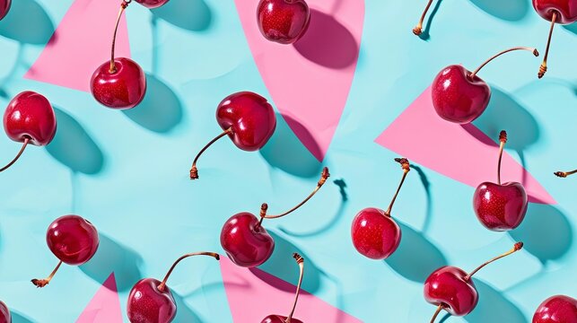 Cherry slices and whole, shot from above, making a fun pattern on a bright pastel color background, magazine cover photo