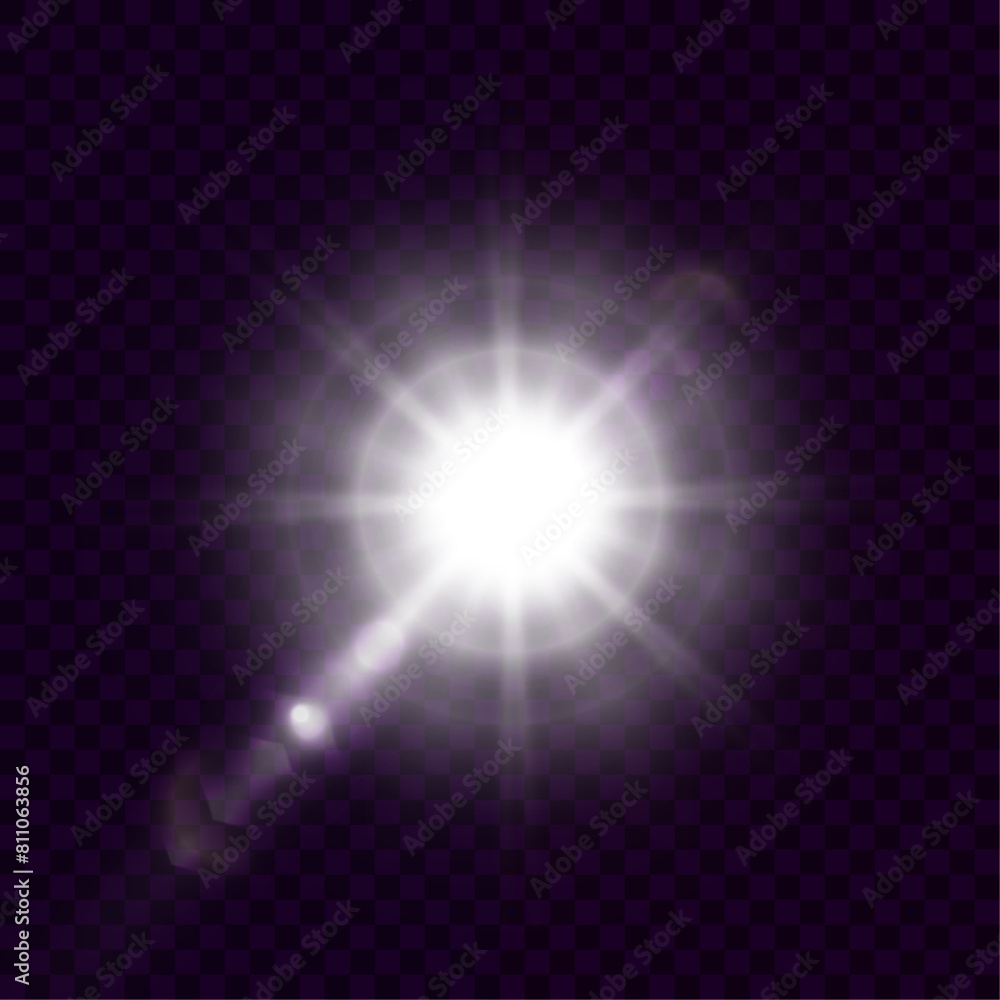 Poster flickering golden star on a transparent background. the effect of bright sunlight. bright light effe