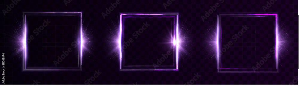 Poster bright light frame with special lighting effects. beautiful purple light frame effect on transparent